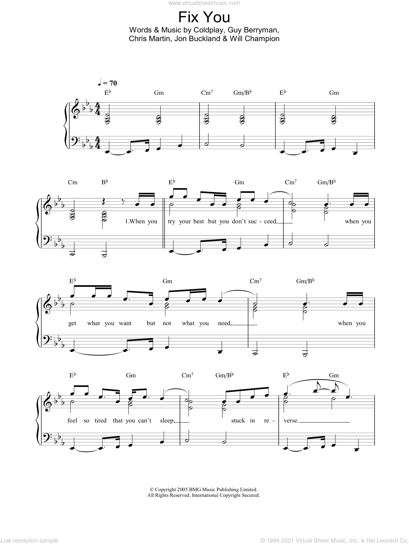 Coldplay - Fix You, (easy) sheet music for piano solo [PDF]