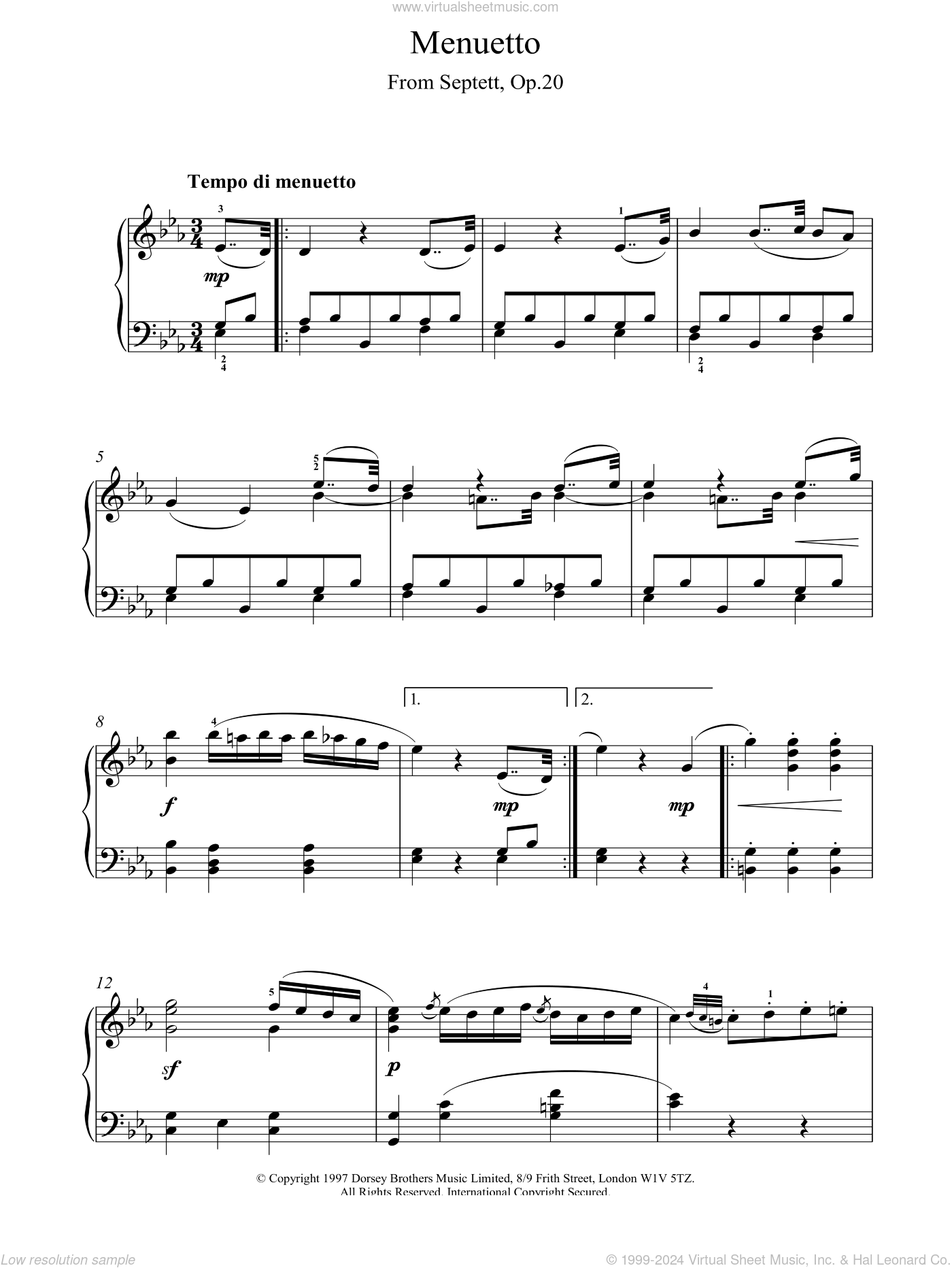 Beethoven - Menuett From Septet Op.20 sheet music for piano solo