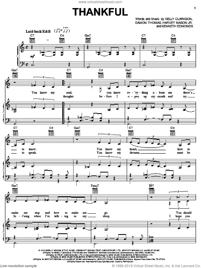 Kelly Clarkson: Thankful sheet music for voice, piano or guitar