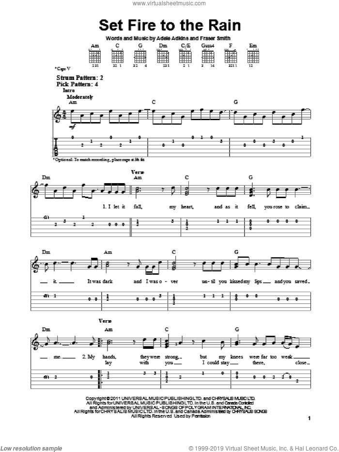 Set Fire To The Rain sheet music (easy) for guitar solo (easy tablature)