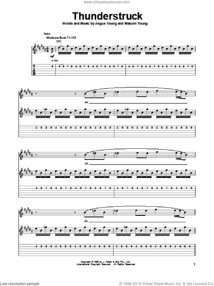 AC/DC - Thunderstruck sheet music for guitar (tablature, play-along) v2