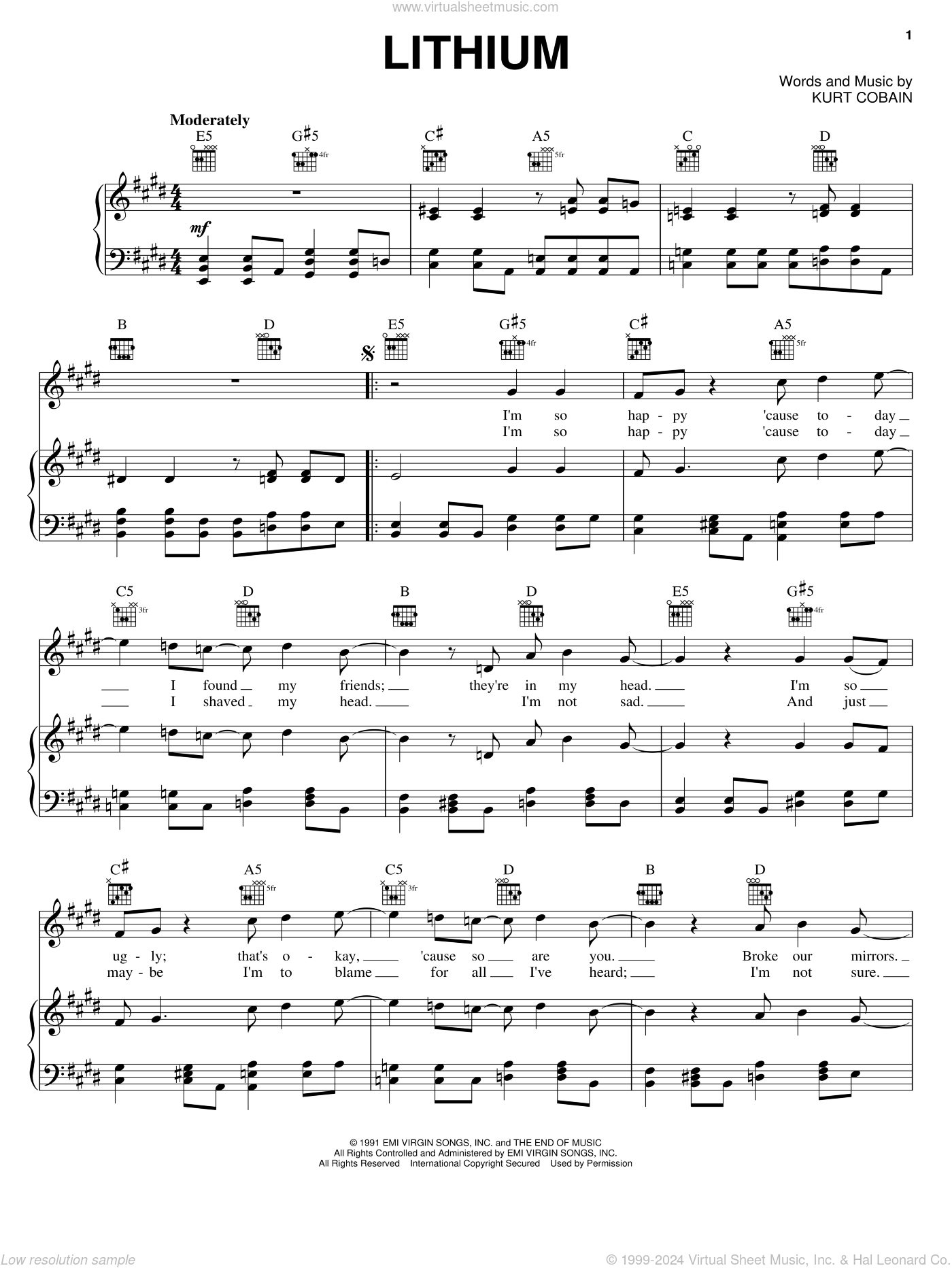 Nirvana - Lithium Sheet Music For Voice, Piano Or Guitar [PDF]