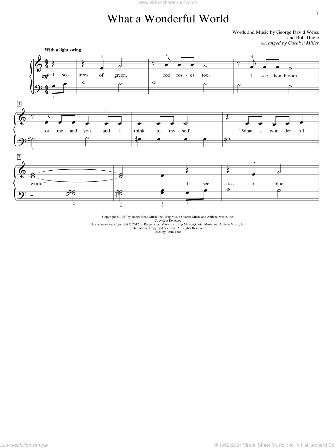 What A Wonderful World (arr. Carolyn Miller) sheet music for piano solo ...