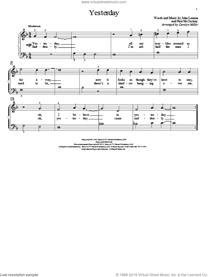 Yesterday Sheet Music For Piano Solo (elementary) (PDF)