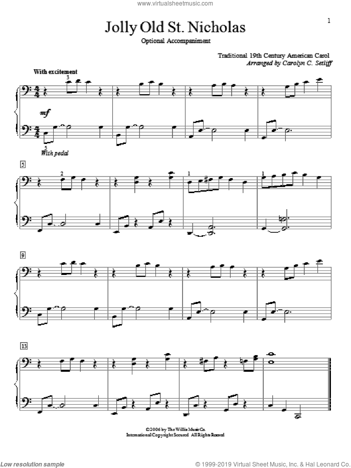 Jolly Old St. Nicholas sheet music for piano four hands (PDF)