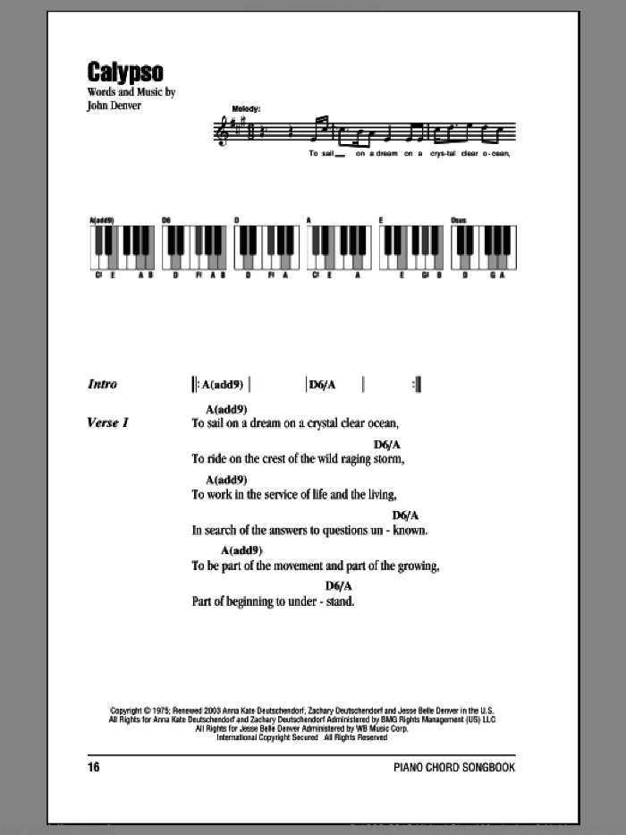 Calypso sheet music (intermediate) for piano solo (chords, lyrics, melody)