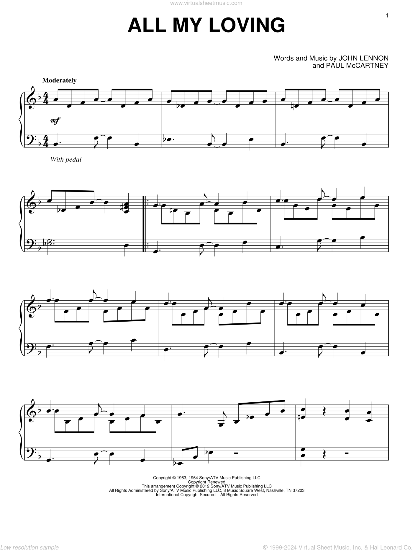 Beatles - All My Loving, (intermediate) sheet music for piano solo