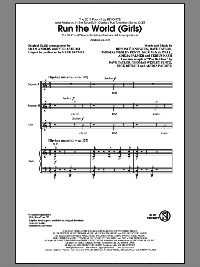 Brymer Run The World Girls Sheet Music For Choir Ssa Soprano