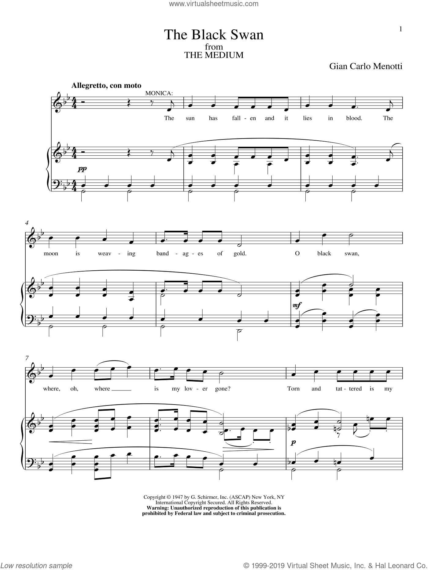plade Klæbrig fårehyrde Menotti - The Black Swan sheet music for voice and piano [PDF]