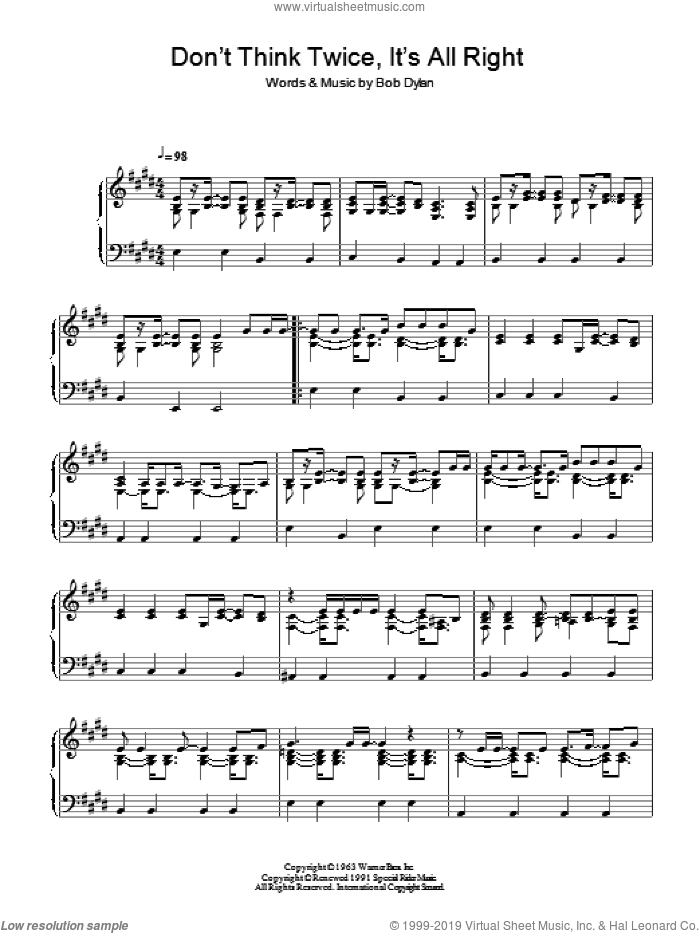 Don't Think Twice, It's All Right by Bob Dylan - Piano, Vocal, Guitar -  Digital Sheet Music