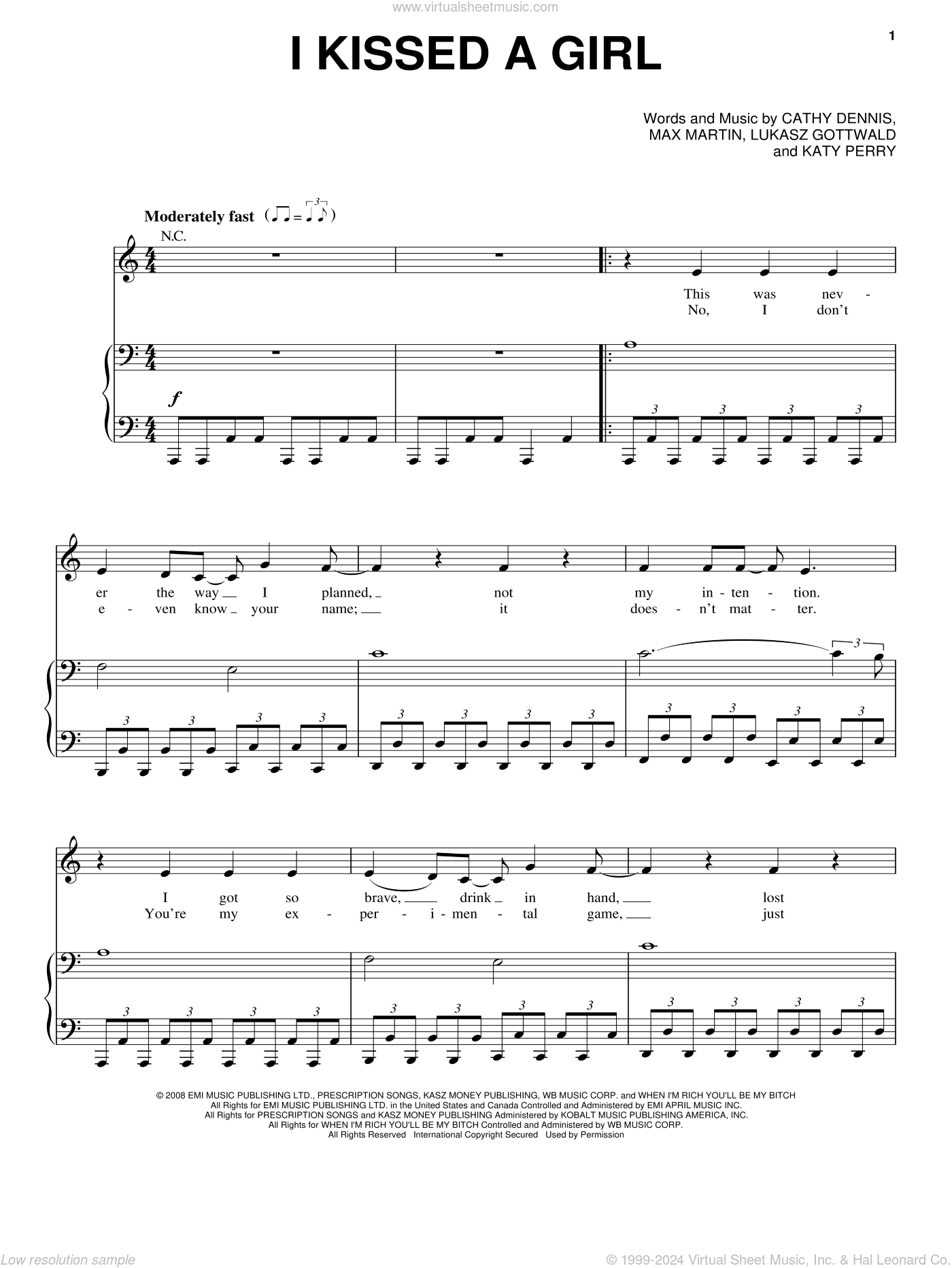 I Kissed A Girl sheet music for voice and piano (PDF-interactive)