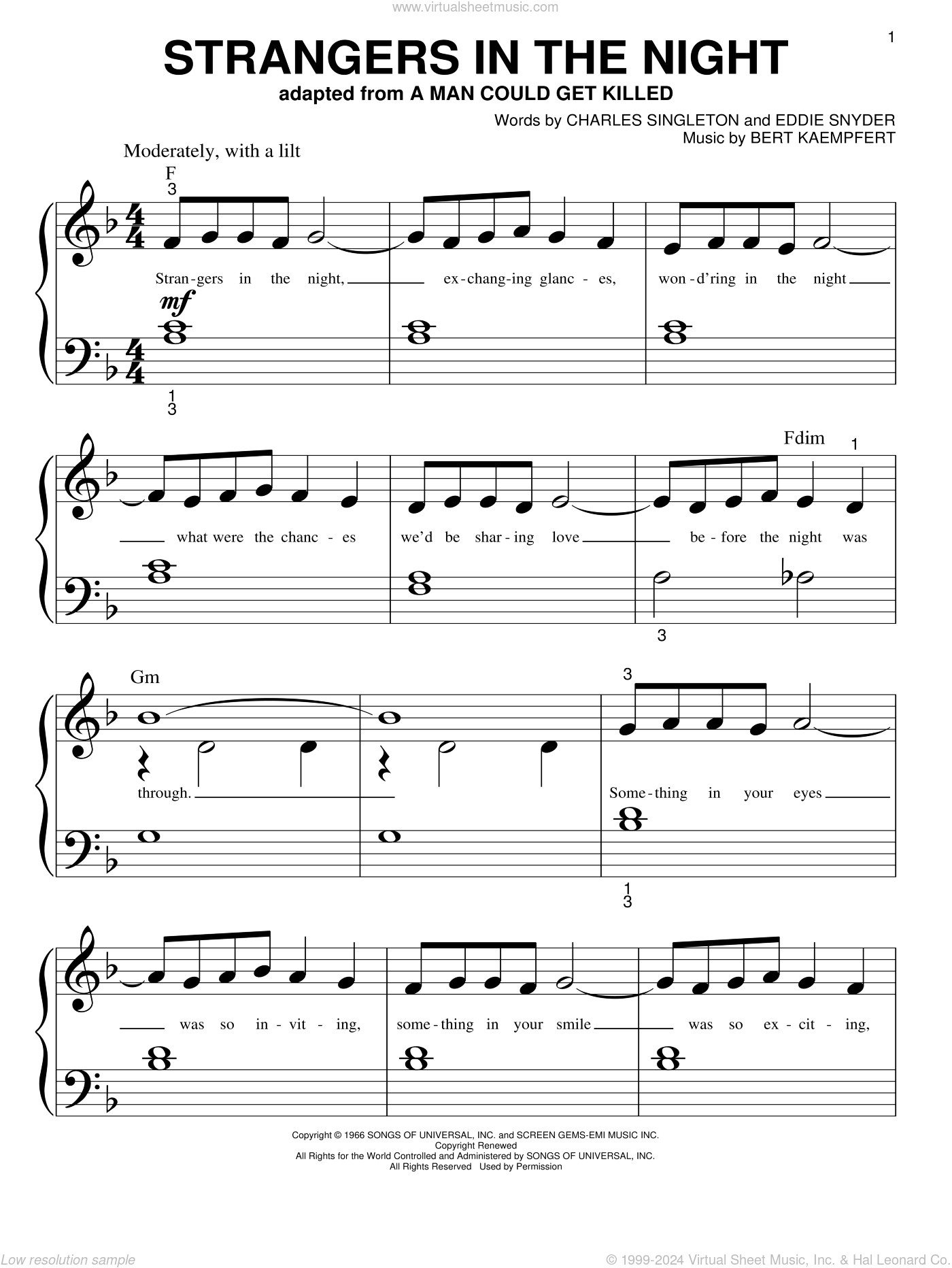 Strangers In The Night sheet music for alto saxophone solo (PDF)