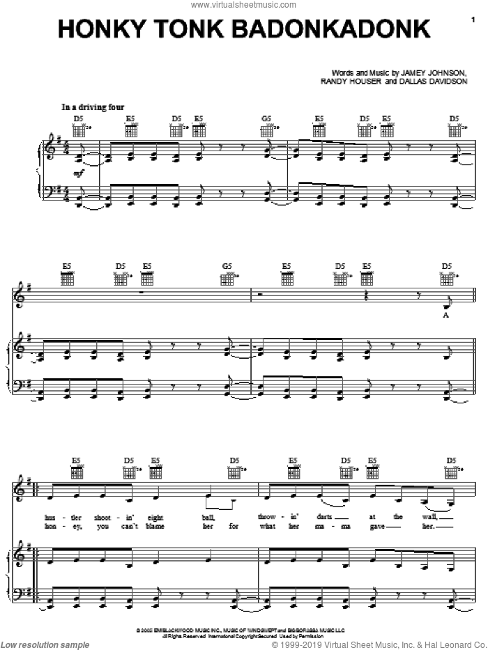 Honky Tonk Badonkadonk Sheet Music For Voice, Piano Or Guitar