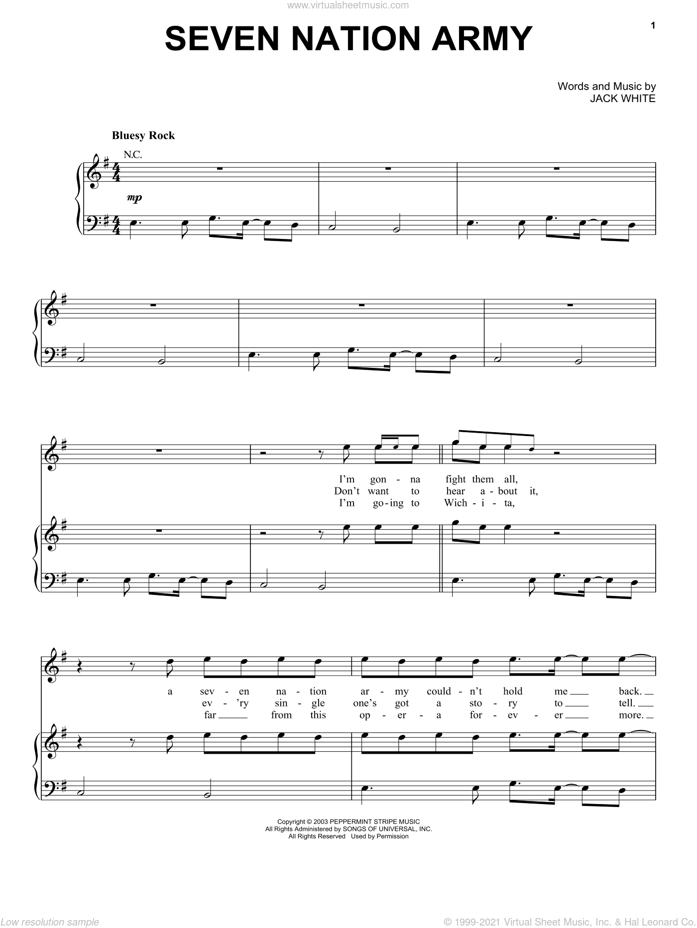 Stripes Seven Nation Army Sheet Music For Voice Piano Or Guitar It would work great for any service or concert and is ideal for the intermediate level pianist. stripes seven nation army sheet music for voice piano or guitar