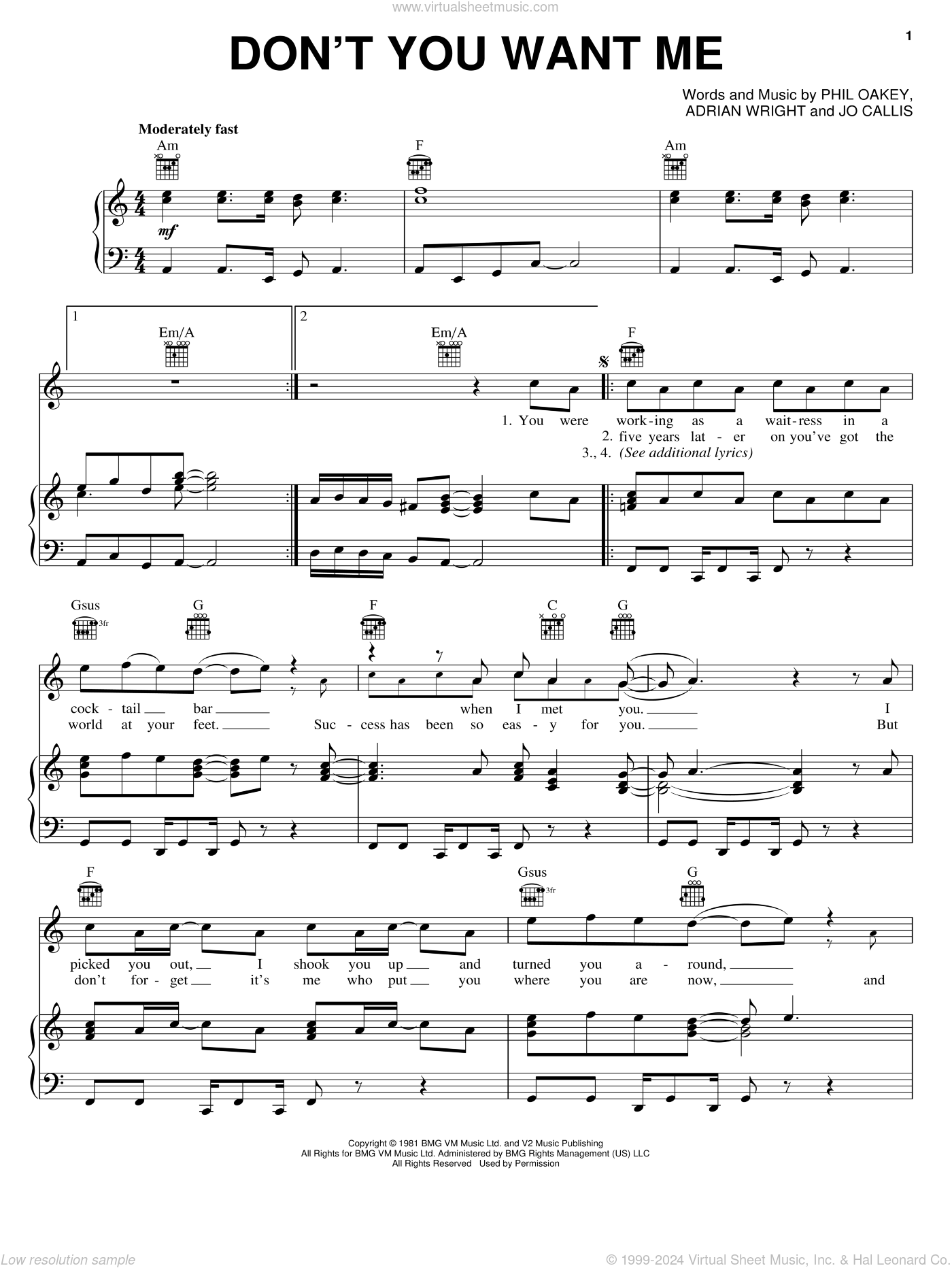 Don't You Want Me sheet music for voice, piano or guitar v2