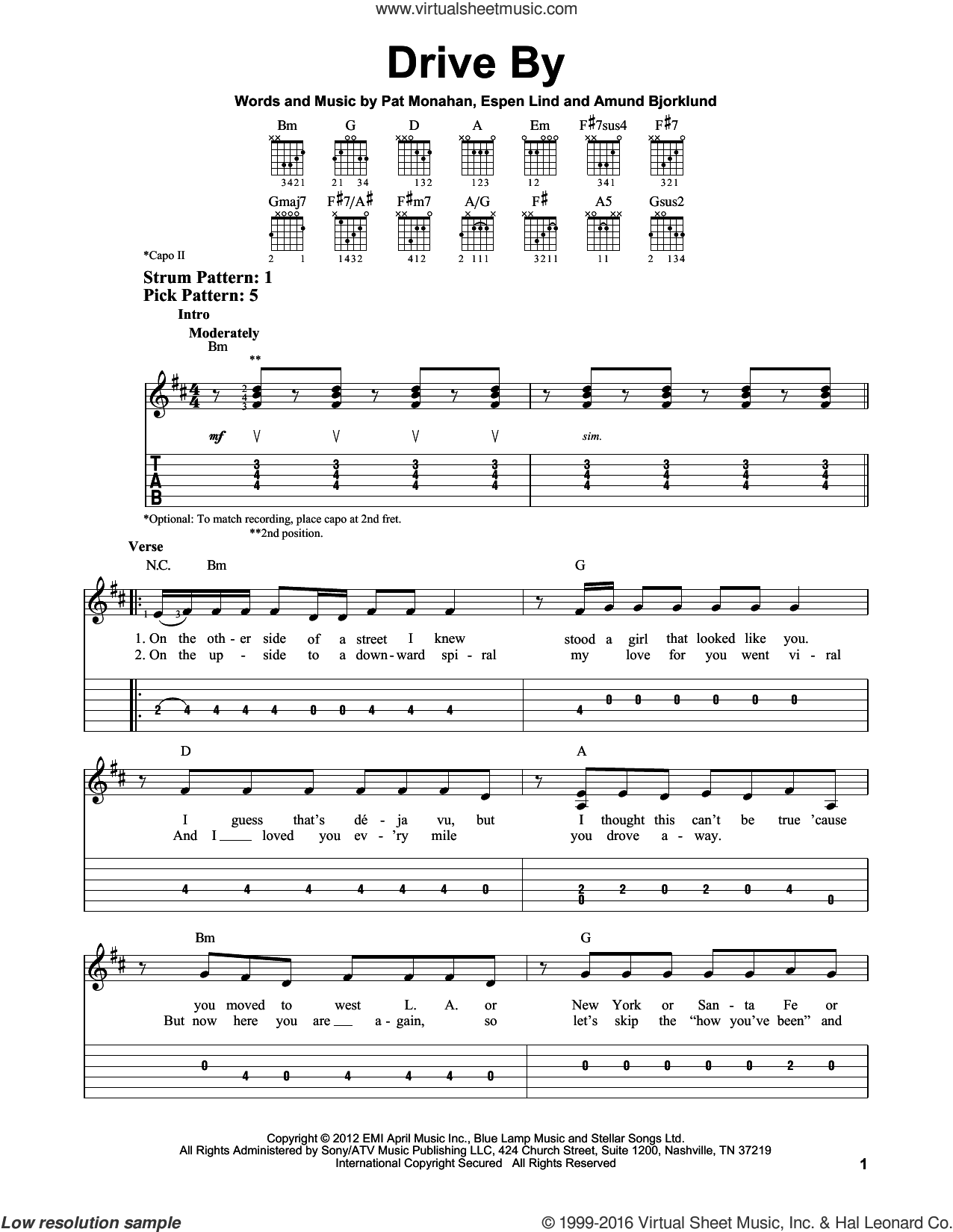 Drive By sheet music for guitar solo (easy tablature) (PDF)