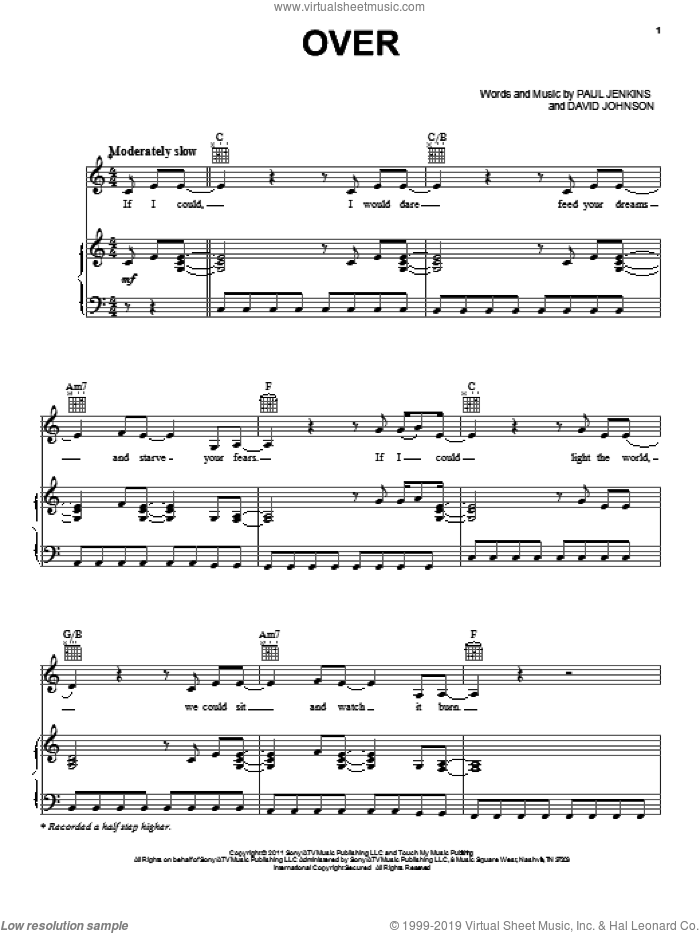 Over sheet music for voice, piano or guitar (PDF-interactive)