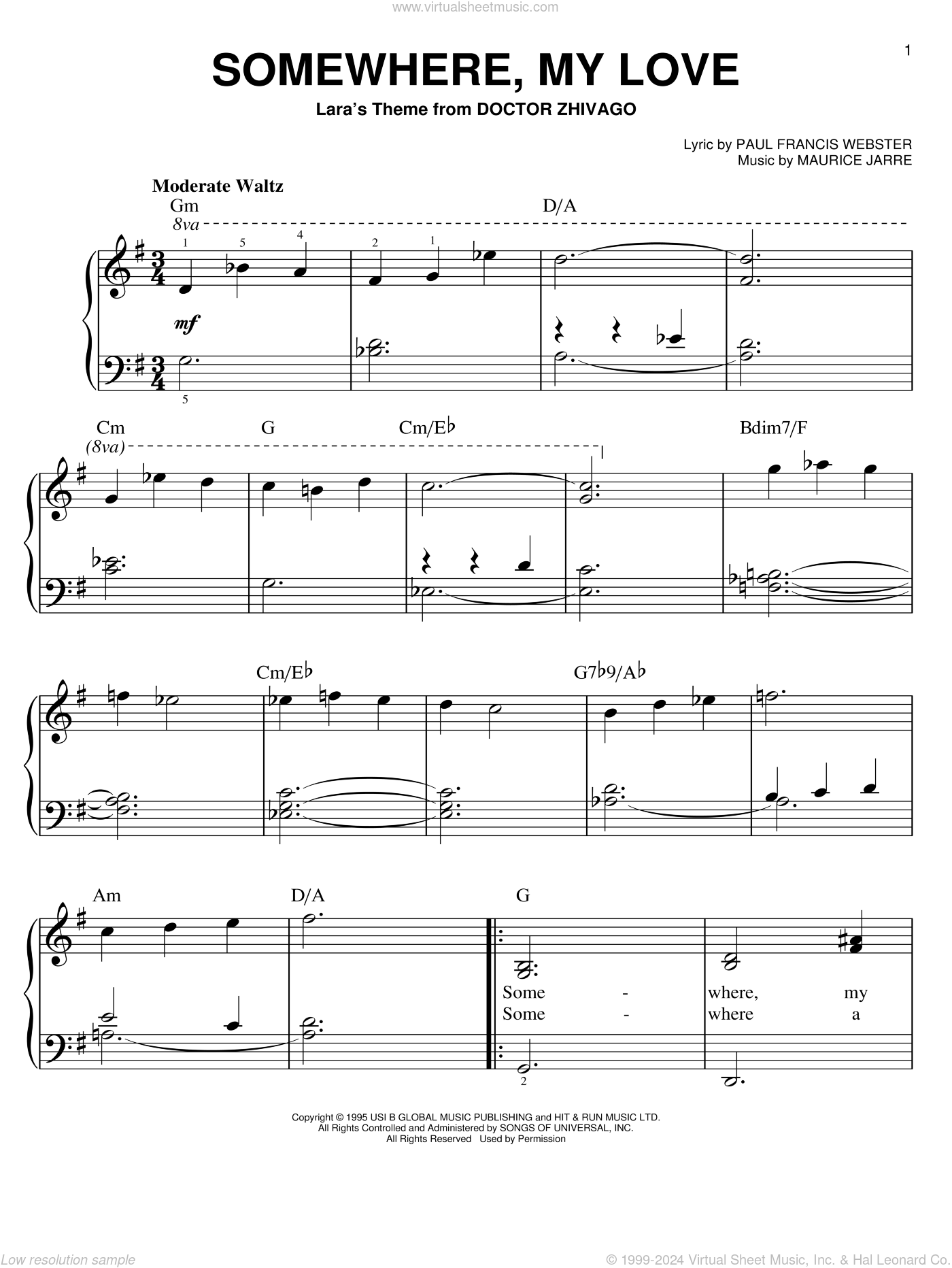 Somewhere, My Love, (easy) sheet music for piano solo (PDF)