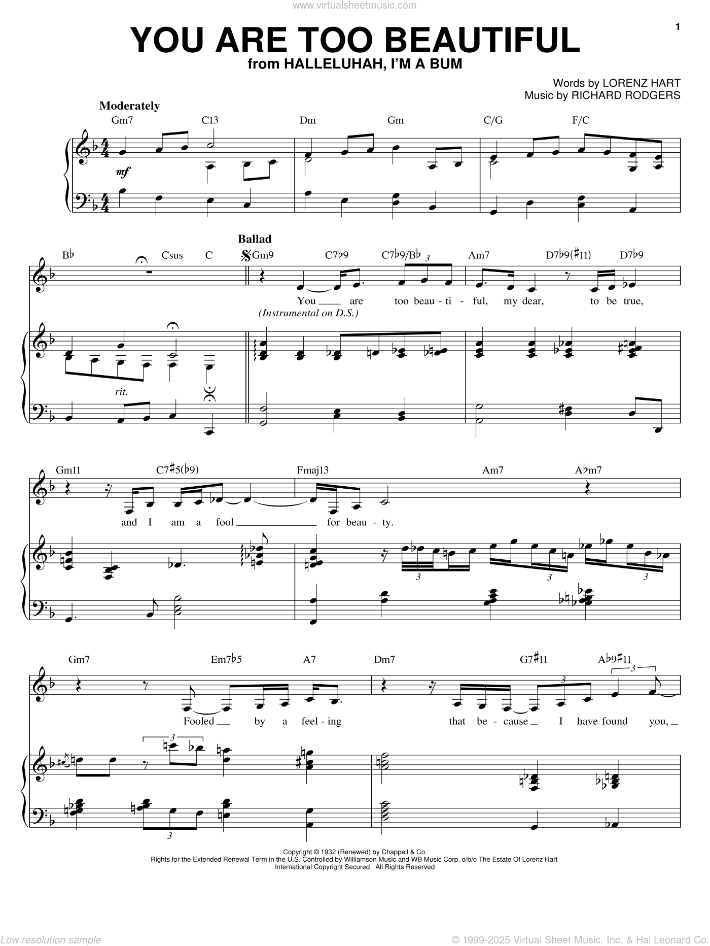 Allyson You Are Too Beautiful Sheet Music For Voice Piano Or Guitar