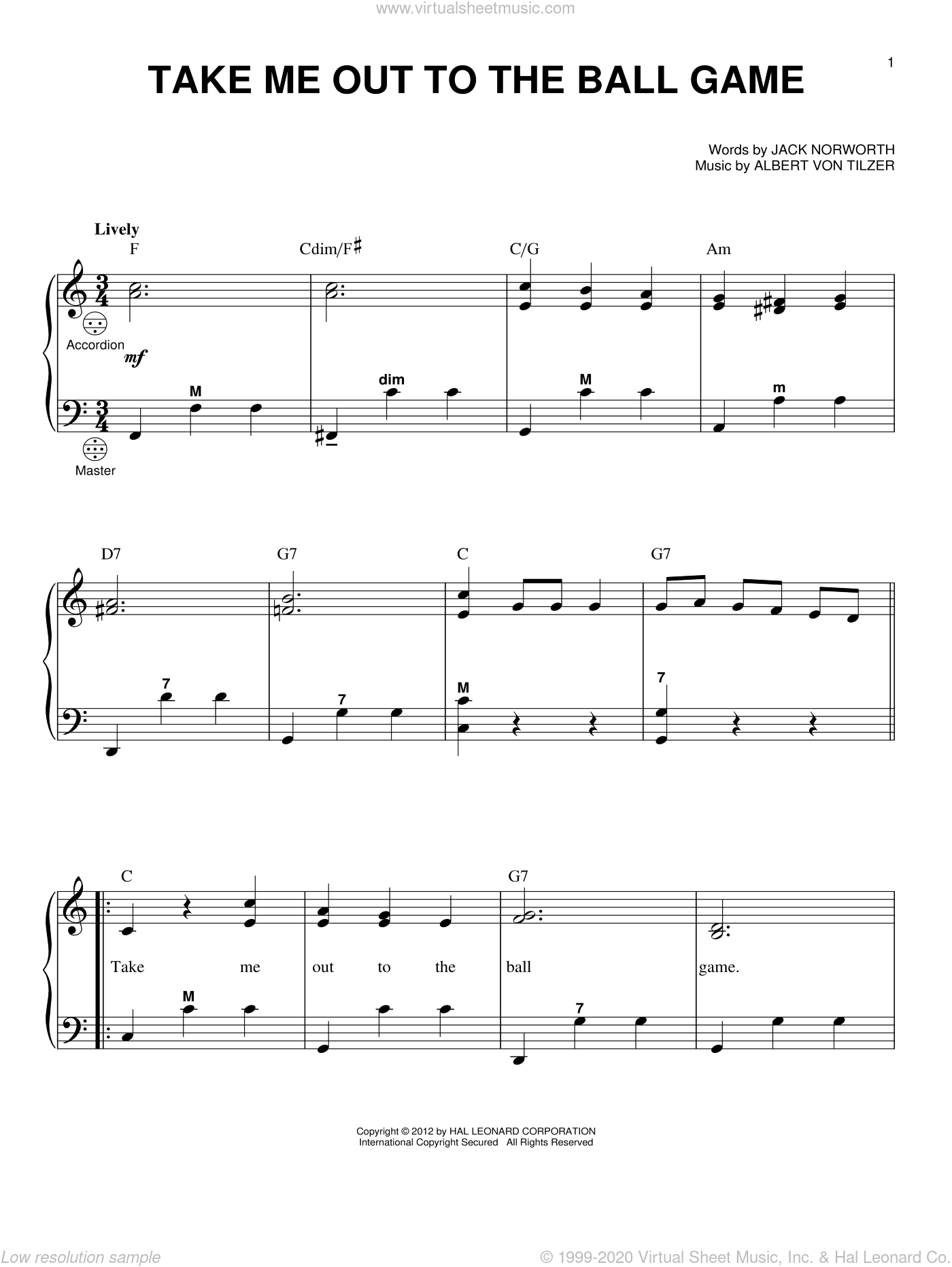 Take Me Out to the Ball Game Beginner Piano Sheet Music