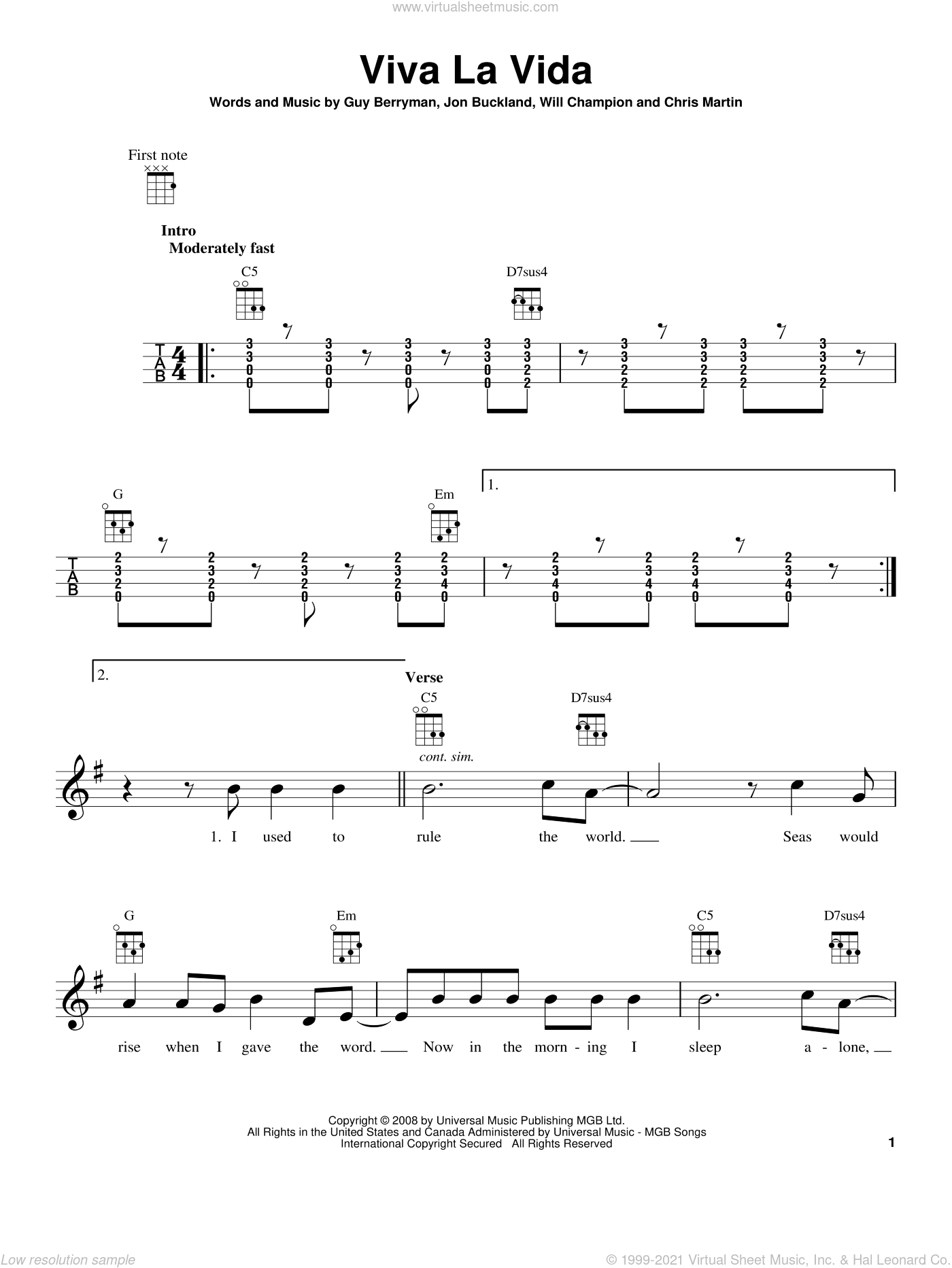 Coldplay - Viva La Vida sheet music for ukulele [PDF] v2