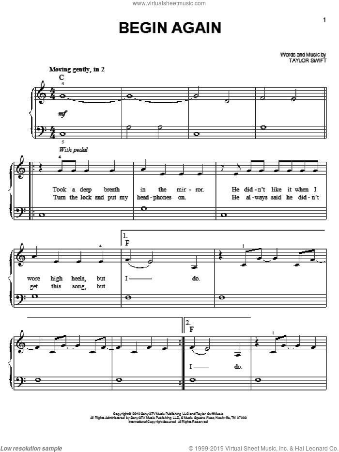 Swift Begin Again Sheet Music For Piano Solo Pdf Interactive