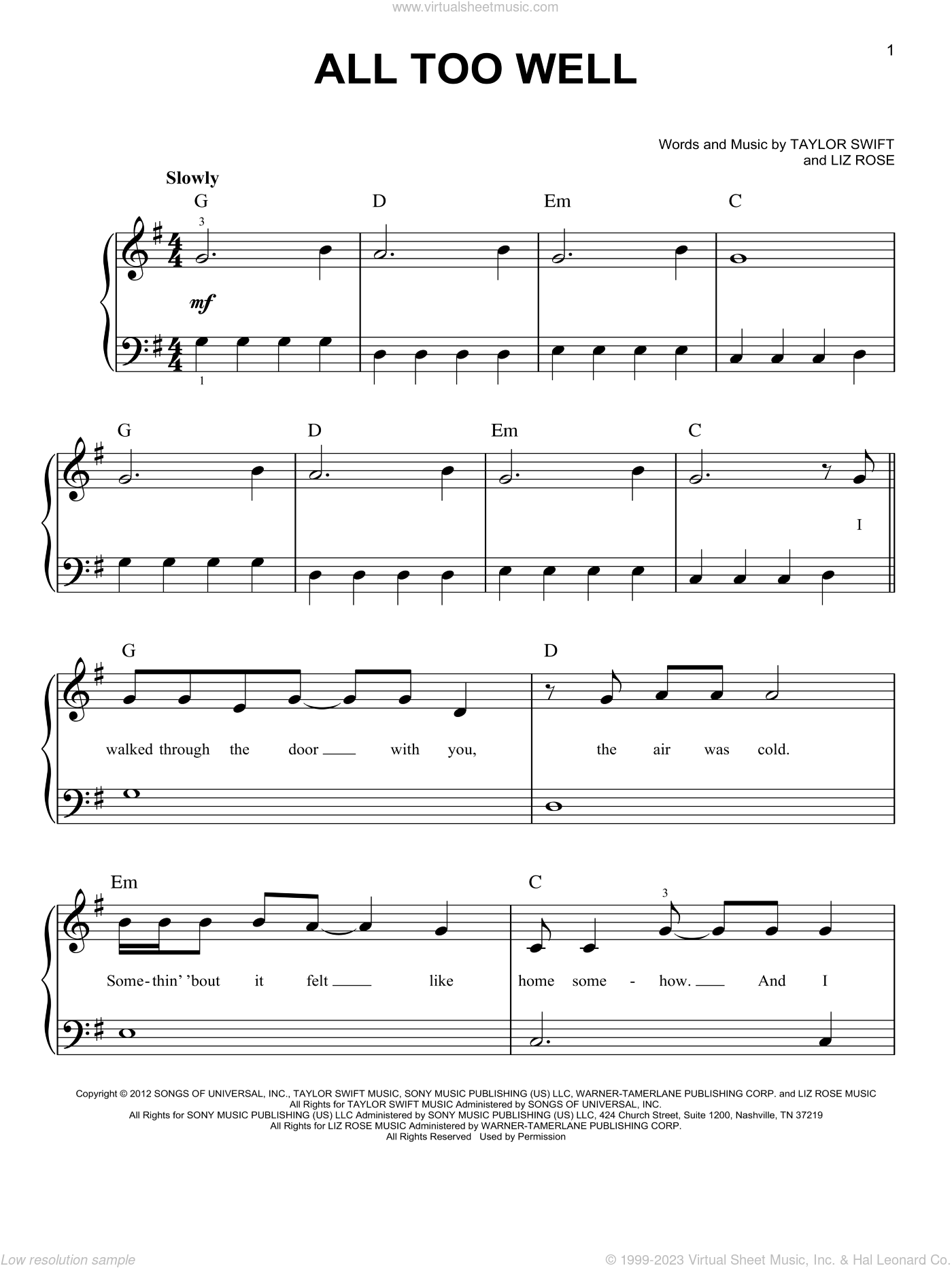Swift All Too Well Sheet Music For Piano Solo Pdf Interactive