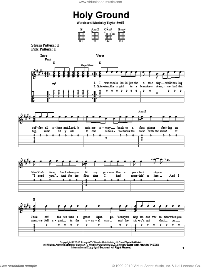 Holy Ground sheet music for guitar solo (easy tablature) (PDF)