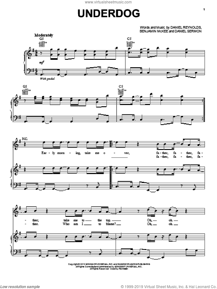 Dragons Underdog Sheet Music For Voice Piano Or Guitar Pdf - roblox piano songs sheet imagine dragons