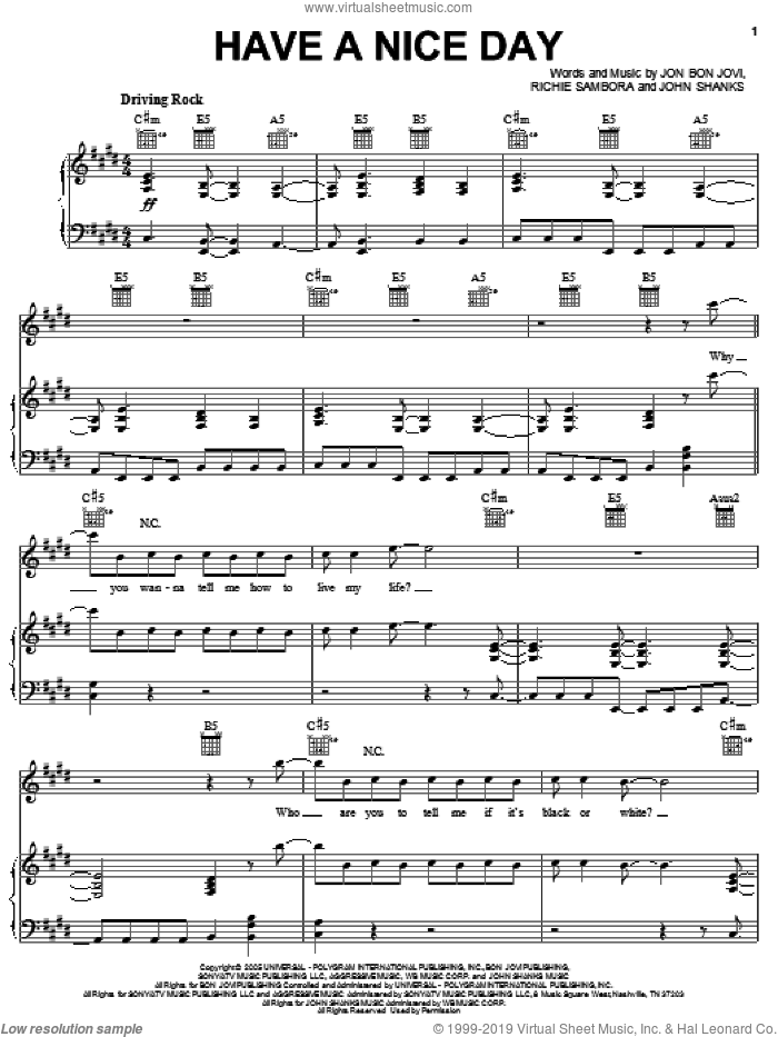 Jovi Have A Nice Day Sheet Music For Voice Piano Or Guitar
