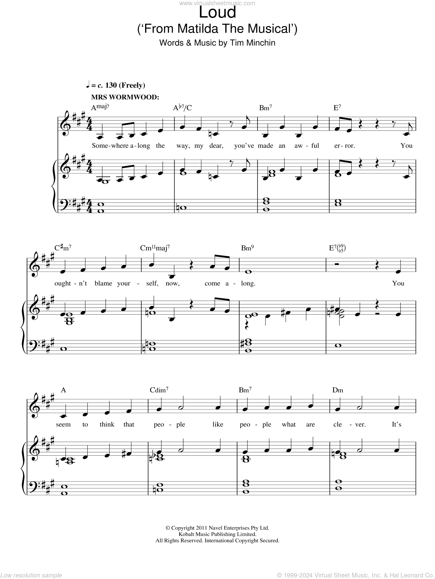 Minchin Loud From Matilda The Musical Sheet Music For Voice And Piano