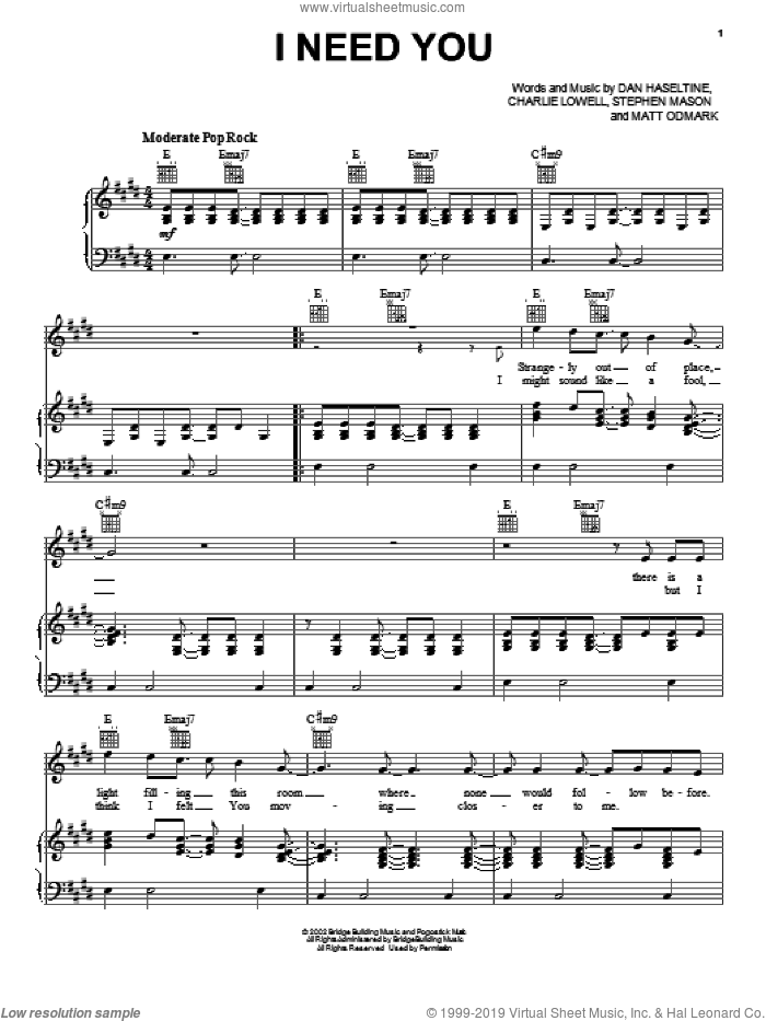 Jars Of Clay: I Need You sheet music for voice, piano or guitar