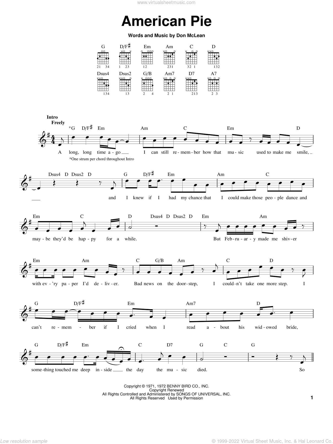 Mclean American Pie Easy Sheet Music For Guitar Solo