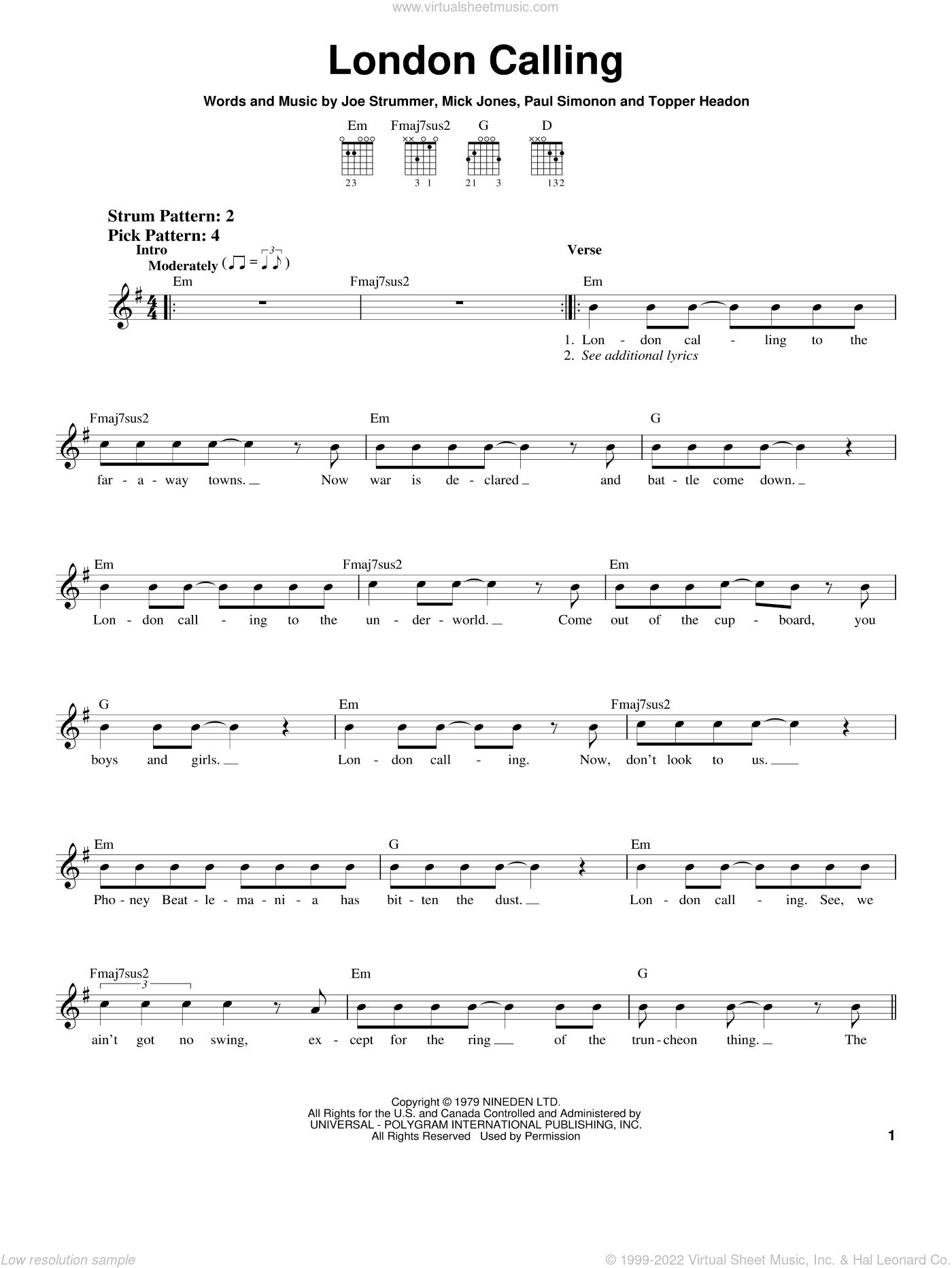 London Calling sheet music for guitar solo (chords) (PDF)