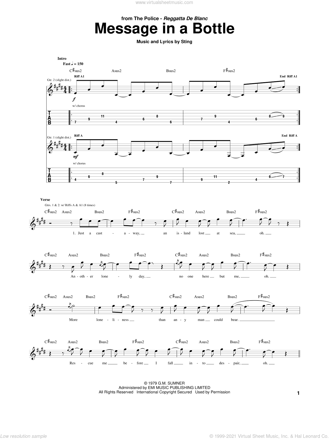 Message In A Bottle sheet music for guitar (tablature) (PDF)