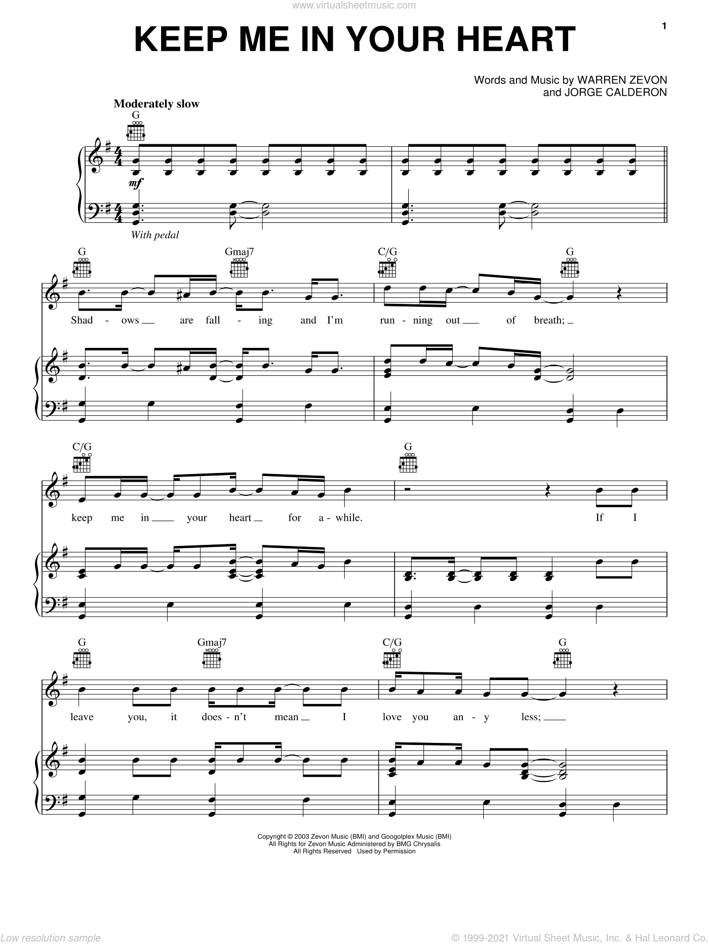 Zevon - Keep Me In Your Heart sheet music for voice, piano or guitar