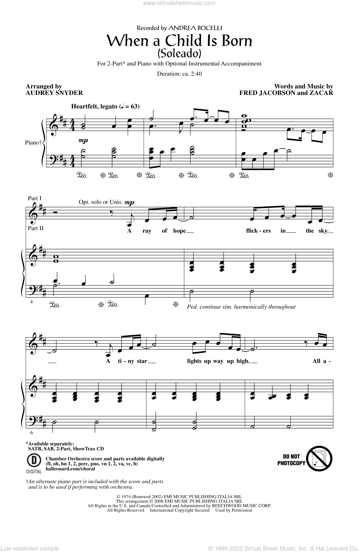 Snyder - When A Child Is Born (Soleado) (arr. Audrey Snyder) sheet music for choir (2-Part)