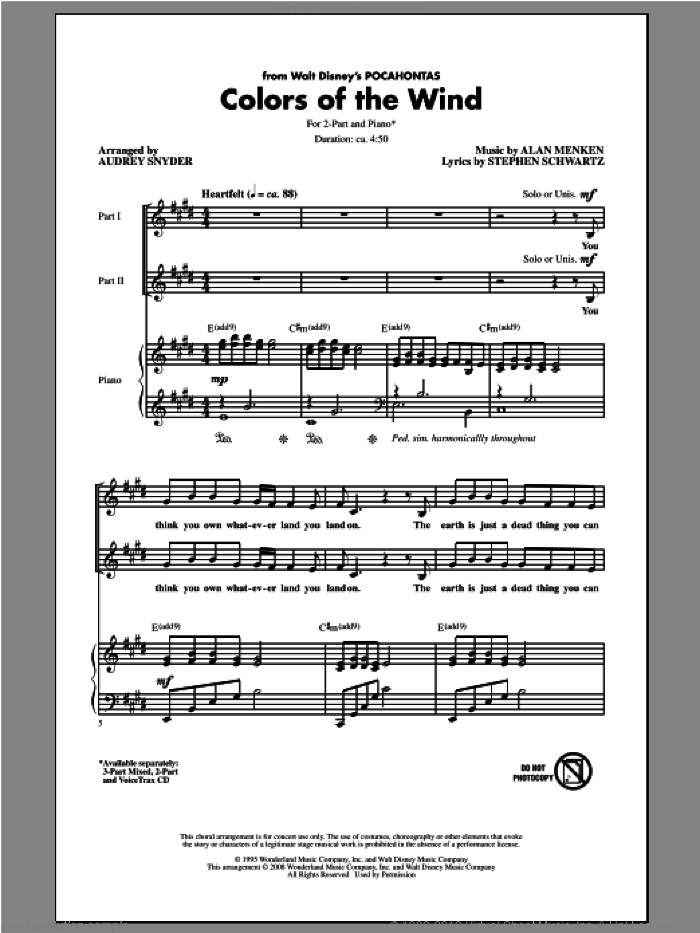 Colors Of The Wind (from Pocahontas) (arr. Audrey Snyder) Sheet Music 