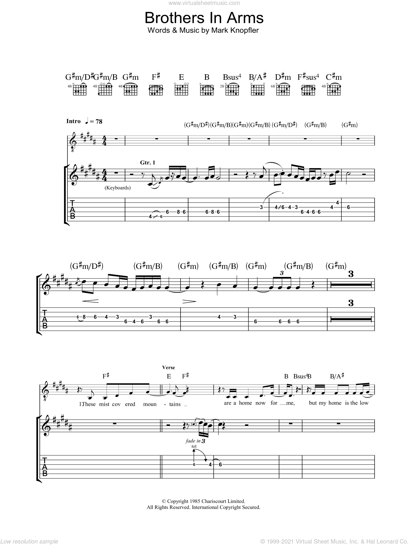 Straits - Brothers In Arms sheet music for guitar (tablature)