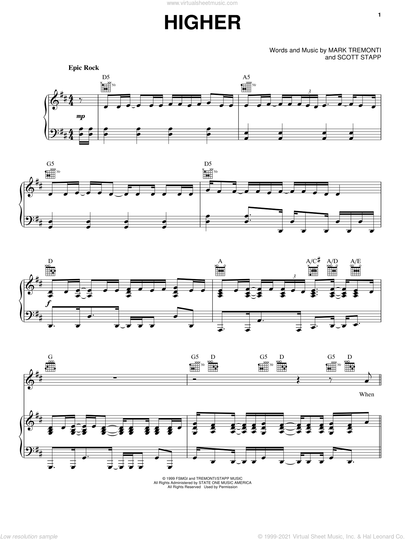 Free sheet music preview of Higher for voice, piano or guitar by Creed.