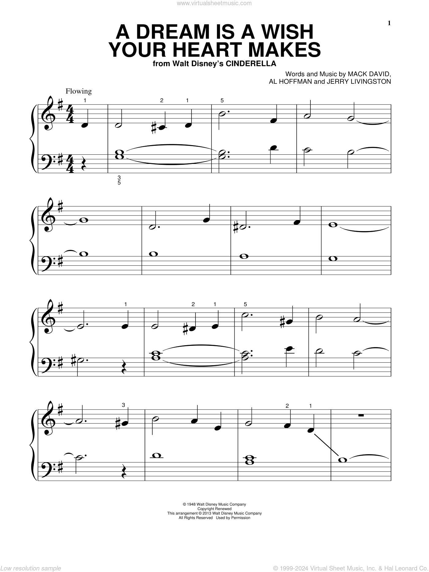 A Dream Is A Wish Your Heart Makes (from Cinderella), (beginner) sheet music for piano solo by Al Hoffman, Ilene Woods, Jerry Livingston, Linda Ronstadt and Mack David, wedding score, beginner skill level