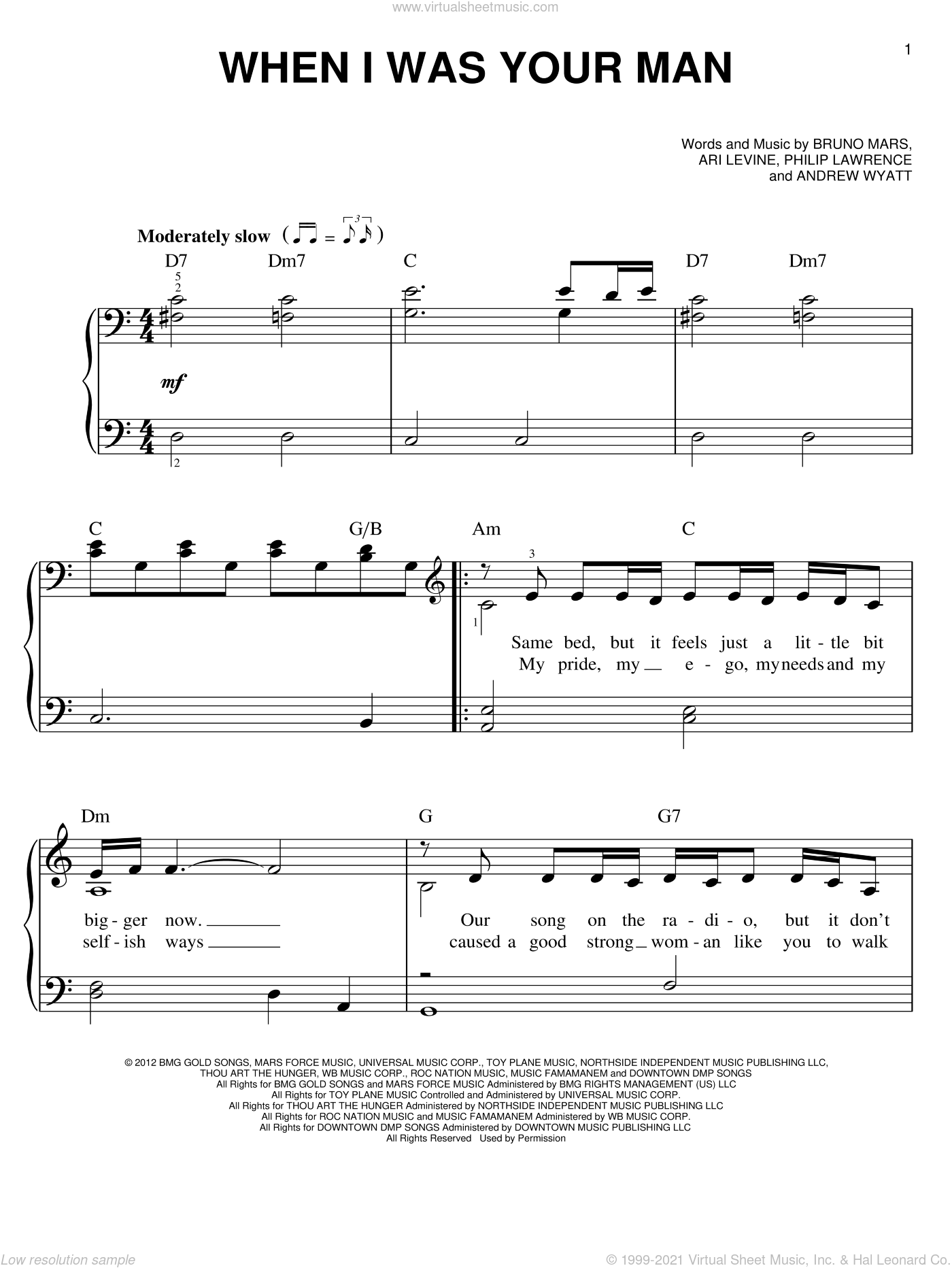 Mars When I Was Your Man Easy Sheet Music For Piano Solo