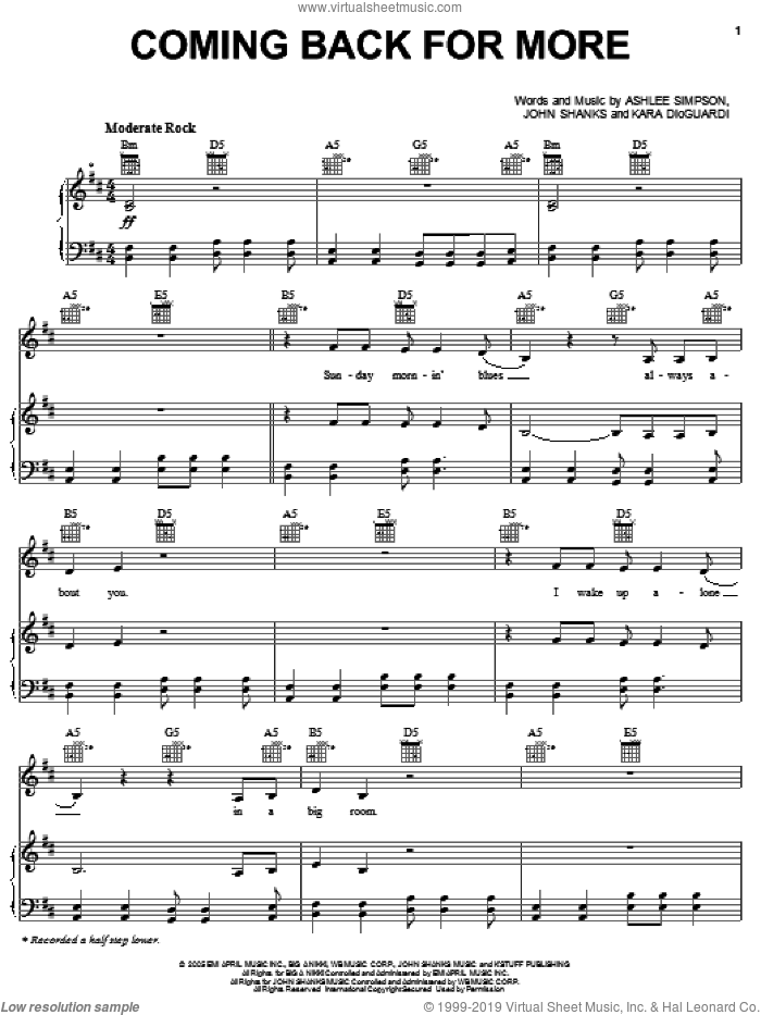 Coming Back For More Sheet Music For Voice, Piano Or Guitar (pdf)