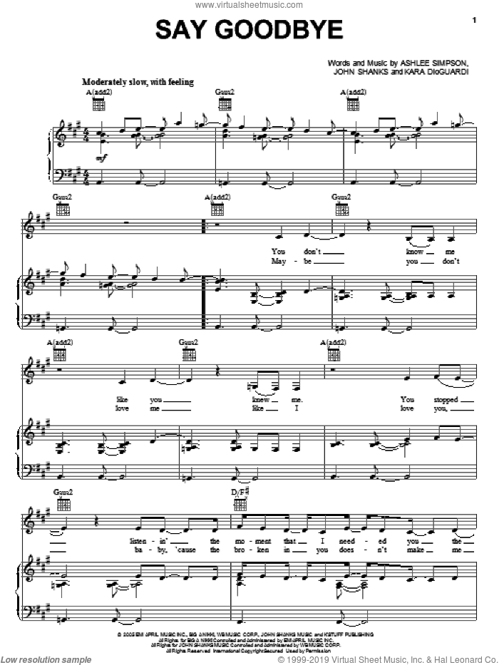 Ashlee Simpson: Say Goodbye sheet music for voice, piano or guitar