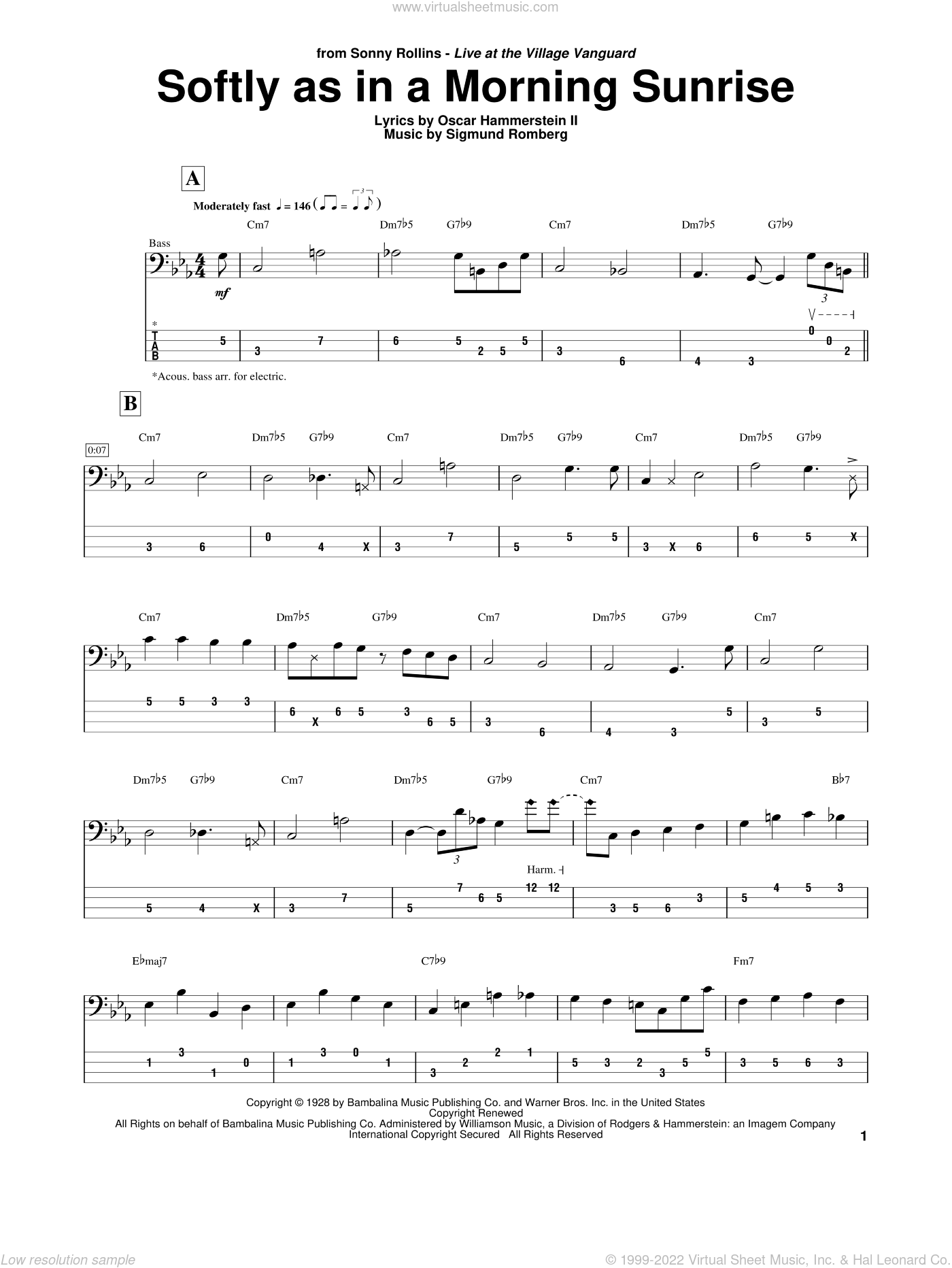Hammerstein Softly As In A Morning Sunrise Sheet Music For Bass Tablature Bass Guitar