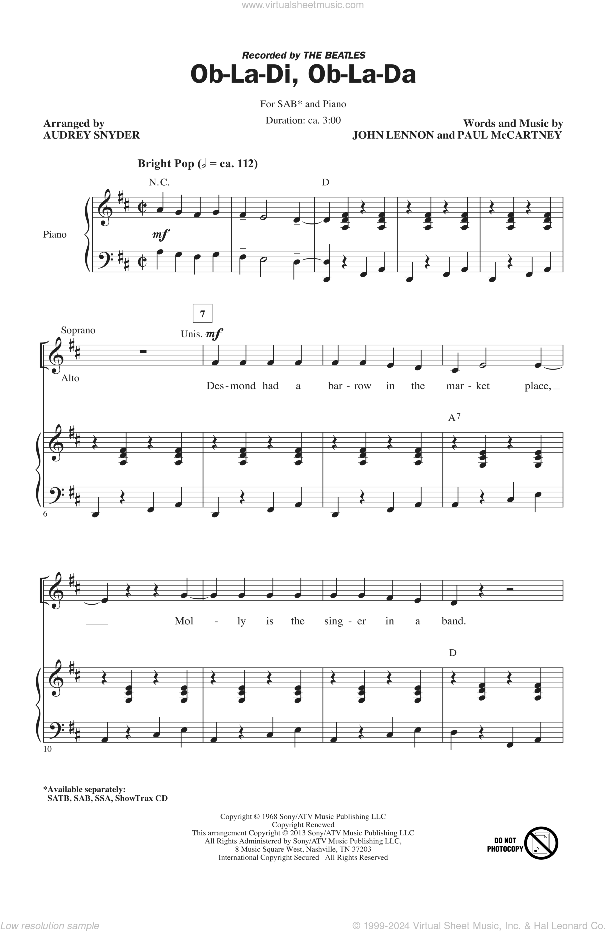 Beatles Ob La Di Ob La Da Sheet Music For Choir Sab Soprano Alto Bass