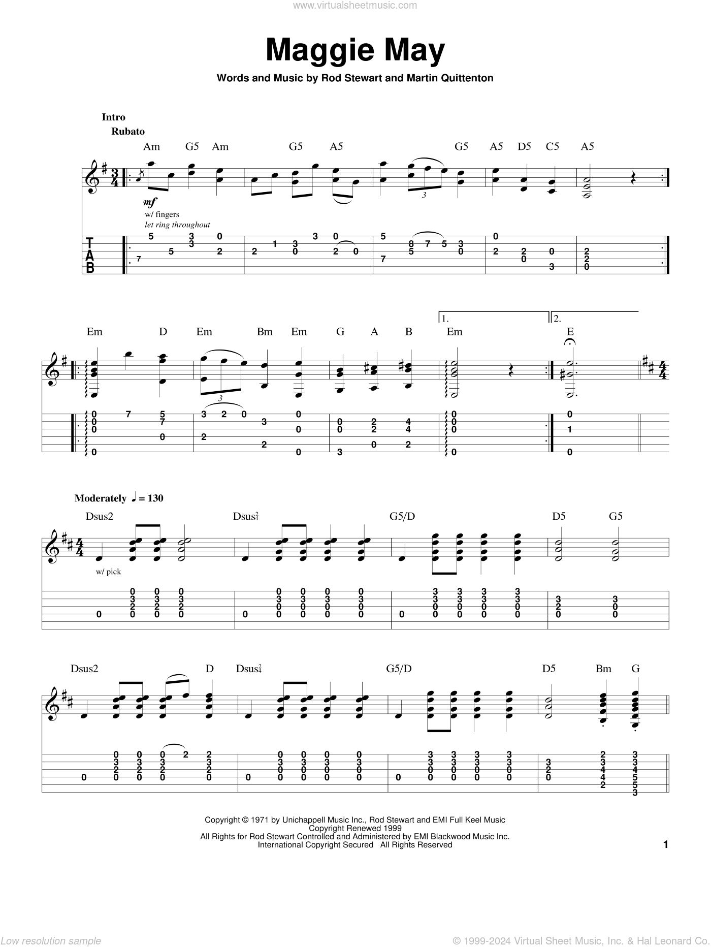 Stewart - Maggie May sheet music for guitar (tablature, play-along)