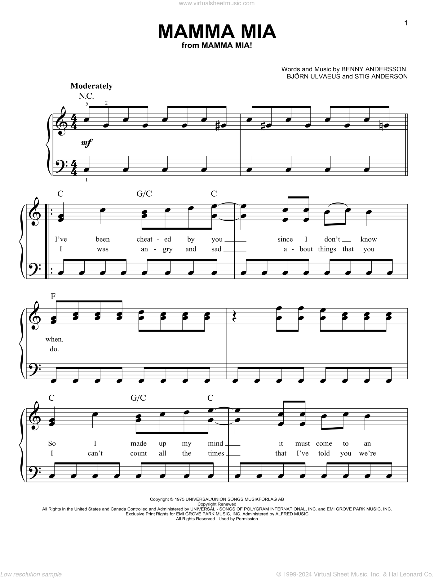 ABBA - Mamma Mia, (easy) sheet music for piano solo [PDF]