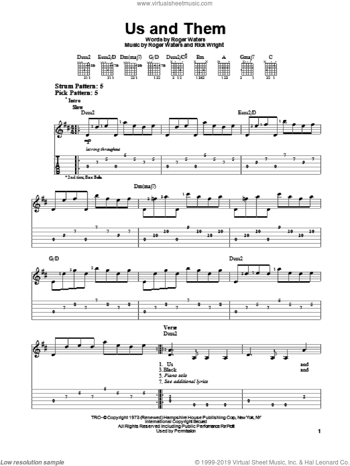 Us And Them sheet music for guitar solo (easy tablature) (PDF)