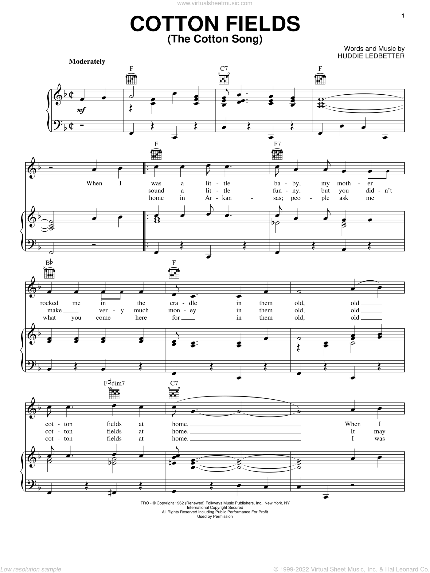 Ledbetter - Cotton Fields (The Cotton Song) sheet music for voice